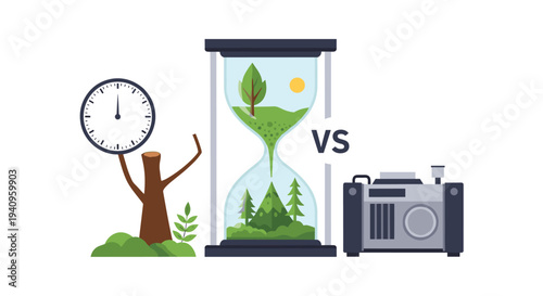 A large hourglass containing a green landscape and pine trees stands between a clock on a wooden stump and a gray electronic radio.