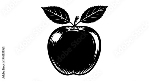 Black and white apple illustration with leaves isolated on white background