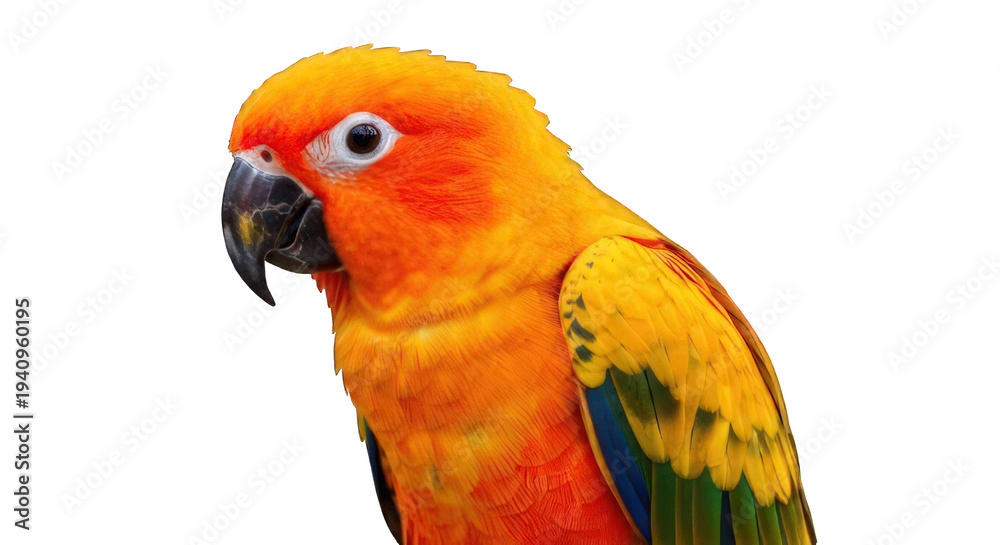 Fototapeta premium A vibrant orange parrot with yellow and green feathers stands out against a black background