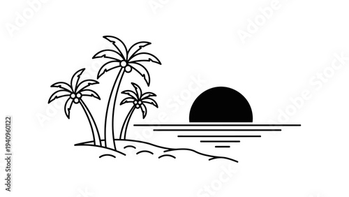 Minimalist beach scene with palm trees and sunset silhouette design