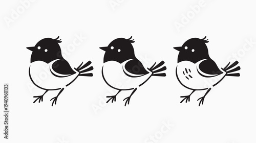 Three stylized birds in black and white arranged horizontally on a white background