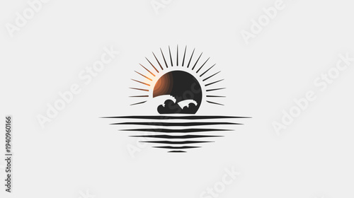 Abstract illustration of sun with rays and ocean waves for various uses