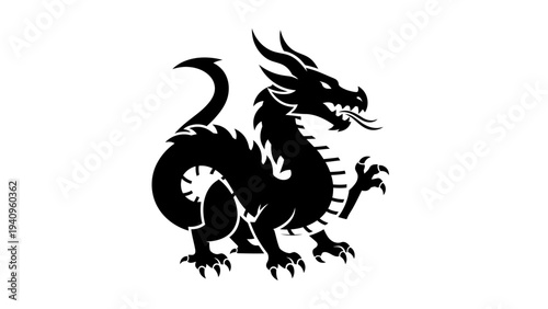 Black dragon silhouette on white background for graphic design elements