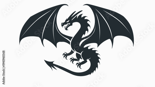 Black dragon silhouette soaring with outspread wings against white background