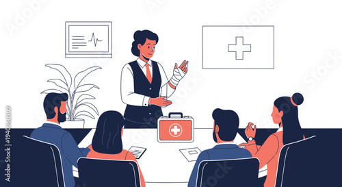 First aid training session in a modern office, instructor demonstrating bandaging techniques.