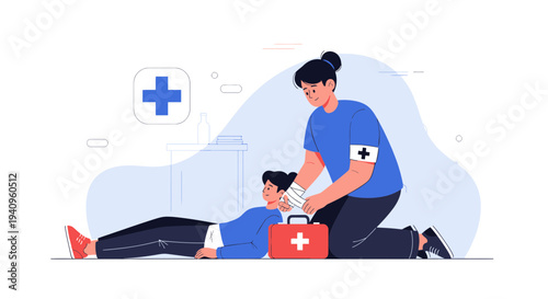 First Aid Assistance: Person Helping Injured Individual with Medical Kit and Bandage