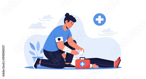 First Aid Assistance: Person Bandaging Injured Arm of Lying Person with Medical Kit