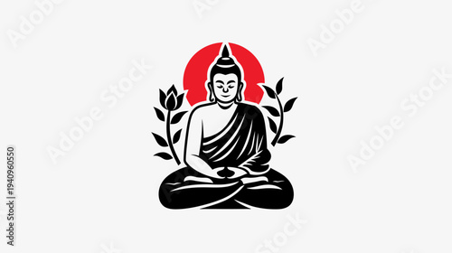 Meditating buddha icon with red sun and lotus flowers against white backdrop