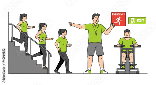 Fitness trainer guiding people on stair climber and exercise machine in gym