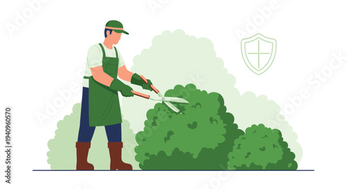 Gardener trimming bush with shears, professional landscaping, garden care, outdoor work, shield icon