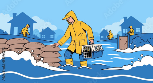 Flood rescue: Person in yellow raincoat carries pet carrier through flooded neighborhood houses