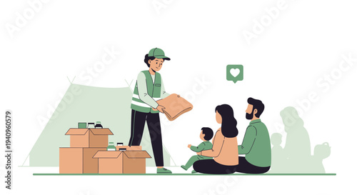 Humanitarian aid delivery to refugee family, volunteer giving food, tent camp, social support