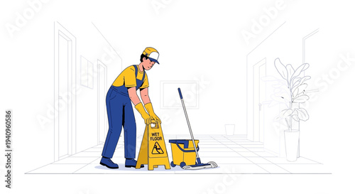 Janitor Mopping Floor with Wet Floor Sign in Hallway