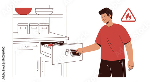 Man storing phones in a drawer, fire hazard warning, digital detox concept