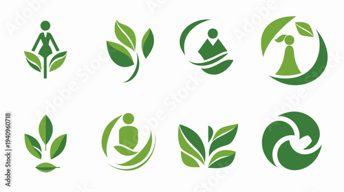 Abstract green leaf icons set for environmental and wellness concepts