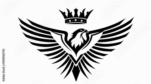 Elegant black and white emblem of soaring eagle with crown design