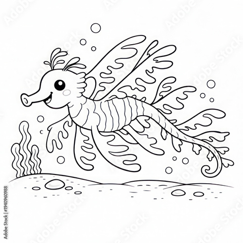A Sea Dragon a magical, leafy cartoon Sea Dragon swimming.