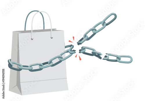 Breaking free! A shopping bag is shattered by a chain, symbolizing consumer freedom. Bold graphic design, vibrant red background. Perfect for marketing campaigns.