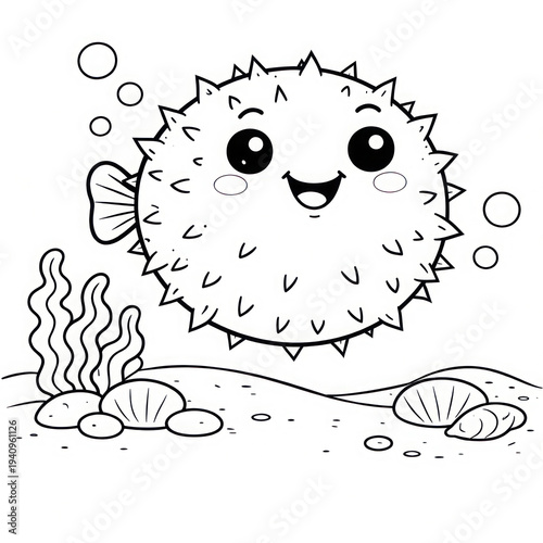 a cartoon Pufferfish puffed up like a big balloon.
