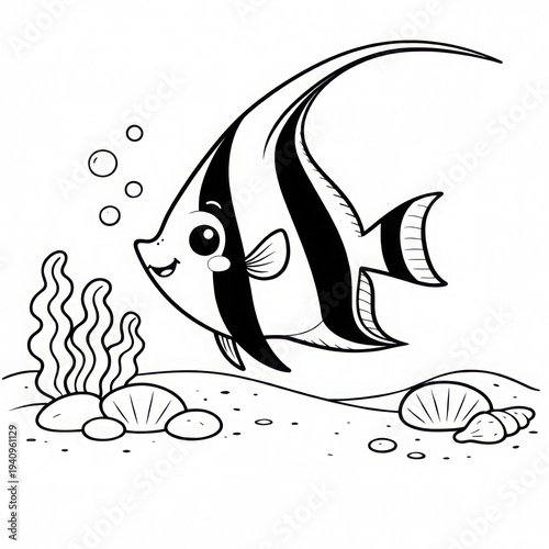 a beautiful, simple cartoon Angelfish with stripes.