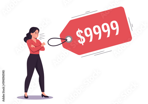 A determined woman fiercely rejects a $9999 price tag. Bold, expressive, and impactful. Refuse price injustice now!