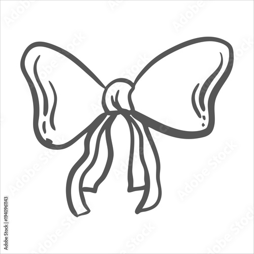 Whimsical bow from ribbon vector graphic illustration. Isolated doodle of vintage textile decoration for coquettecore design. Hand drawn silk tied streamer for card, birthday, wedding, Valentines.