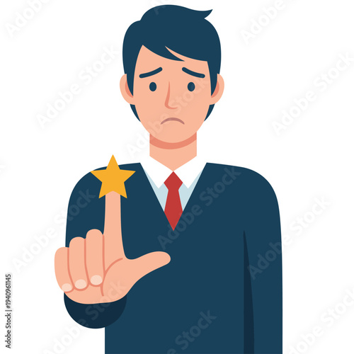 A disappointed professional man receives a 'One Star Need Improve' rating. He gestures to a highlighted star, conveying dissatisfaction.  Formal attire, somber expression.