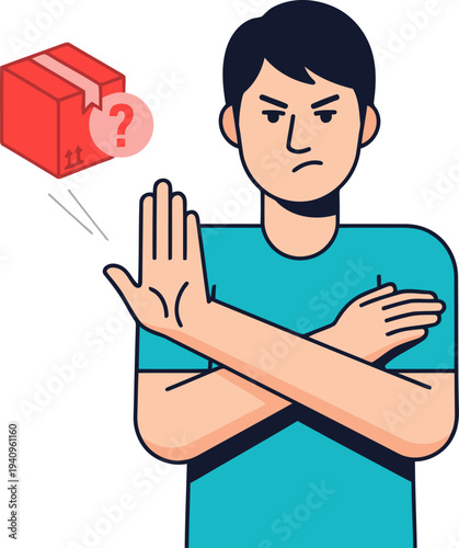 Frustrated young man gestures 'no' to a mysterious box with a hidden fee question mark. Bold graphic style, vibrant colors, conveys concern and rejection.