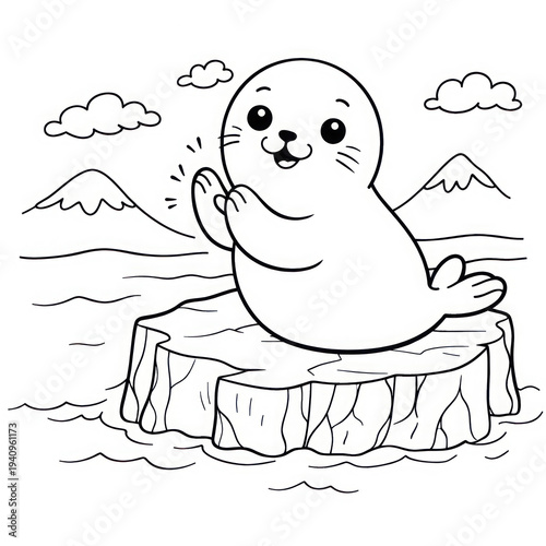 a plump cartoon Seal clapping its flippers on an ice block.