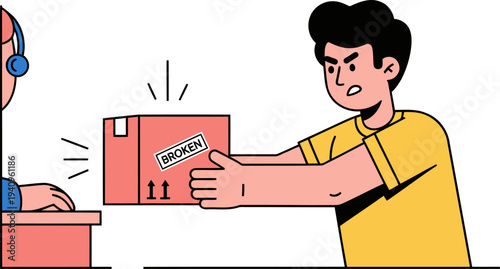 Frustrated man confronts a damaged package with a ?Return Claim Justice Now? message. Bold illustration style, conveying urgency and dissatisfaction. Modern, graphic design.