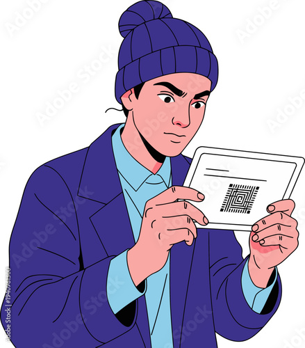 A young man scrutinizes a driver's license with a skeptical expression, highlighting the importance of authenticity. Bold graphic design.