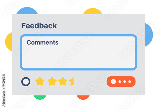 Modern feedback popup with comments and star ratings. Bright, playful design. Ideal for website UI mockups and digital product showcases.