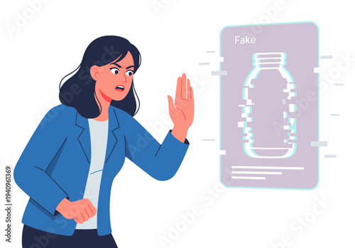 A woman rejects a fake bottle image on a screen, expressing concern. Bold colors and digital overlay create a modern, impactful visual. ?Reject Fake Stay Safe? text.