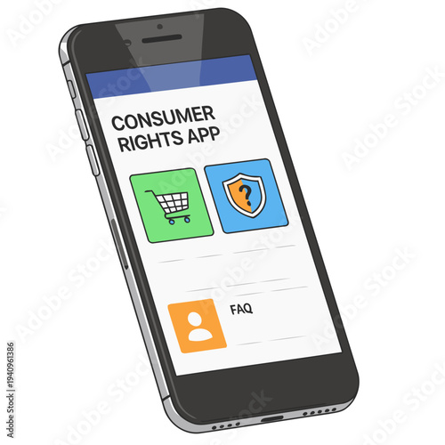 Smartphone displays a consumer rights app. Clean, modern design with icons and text. Bright teal background. "App Rights Knowledge Easy" tagline. Ideal for digital marketing and education.