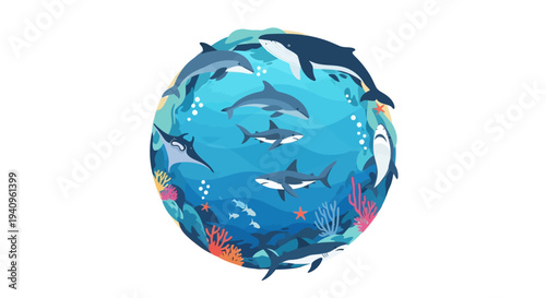 Vector illustration of a vibrant marine world with various ocean animals and coral on a globe, set against a clean white background.