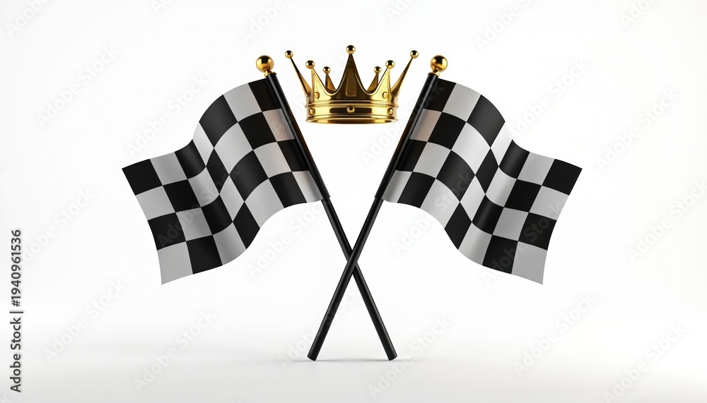 Fototapeta premium Two checkered flags crossed with golden crown above. Symbolizes victory, racing, winning, and championship achievement. Ideal for sports and competition themes.