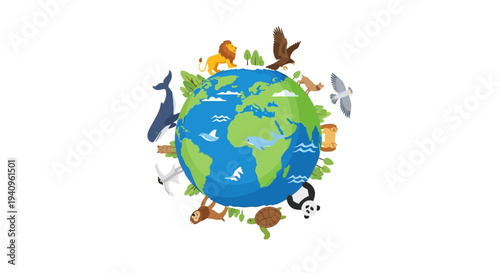 Vector illustration of a vibrant world with diverse wildlife and marine animals surrounding the Earth, symbolizing a global event or day celebrating our planet's natural beauty and