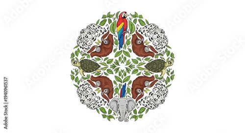 Symmetrical illustration of marine animals and wildlife elements, including a parrot, monkeys, and leaves, arranged in a circular design against a white background with a mix of earthy and