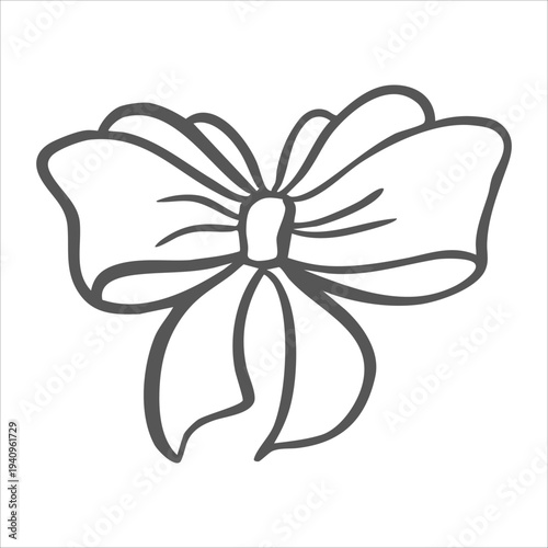 Whimsical bow from ribbon vector graphic illustration. Isolated doodle of vintage textile decoration for coquettecore design. Hand drawn silk tied streamer for card, birthday, wedding, Valentines.