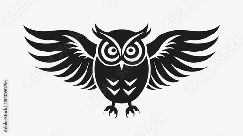 Black and white owl illustration with spread wings on white background