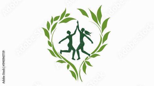 Two figures celebrating joy inside a green leafy wreath on white background