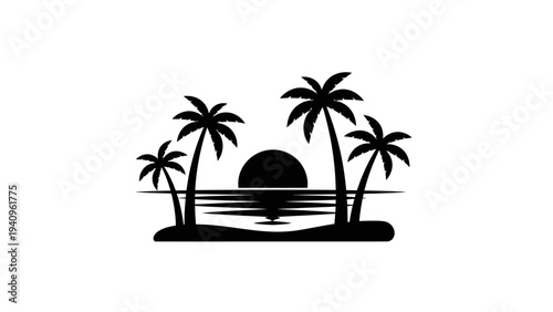 Black and white tropical sunset scene with palm trees and sun over water