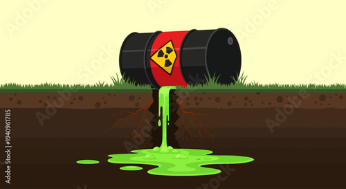 A tipped black barrel marked with a stark radioactive symbol spills its glowing green toxic contents onto the grassy surface, seeping deep into the brown soil and poisoning an underground root system