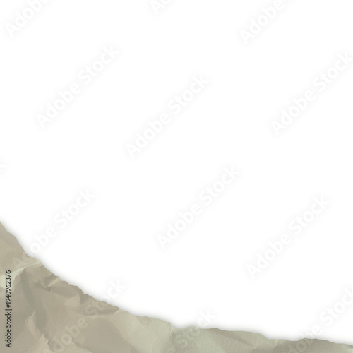 Crumpled light brown paper with torn, ripped edge on white background. Textured border for design, copy space.