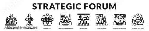 Strategic forum banner showcasing structured dialogue and multi stakeholder collaboration sessions in Lineal Icon Style
