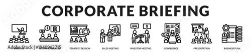 Corporate briefing banner reflecting structured executive communication and strategic planning sessions in Lineal Icon Style
