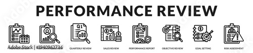 Performance review banner emphasizing structured evaluation and measurable business progress tracking in Lineal Icon Style
