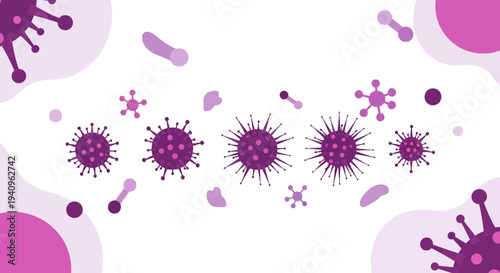 Purple virus cells and bacteria on white background, microscopic view, pandemic concept