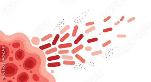 Red Bacteria Cells Spreading Out From Organic Mass On White Background