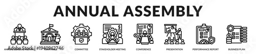 Annual assembly banner presenting formal governance forums and comprehensive organizational reporting in Lineal Icon Style